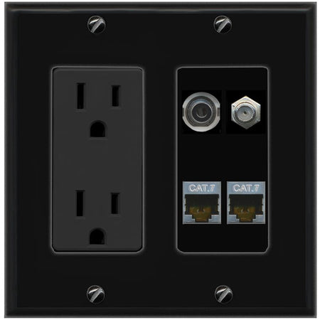 RiteAV 3.5mm 2 CAT7 COAX Wall Plate with 15A Power Outlet [Black]