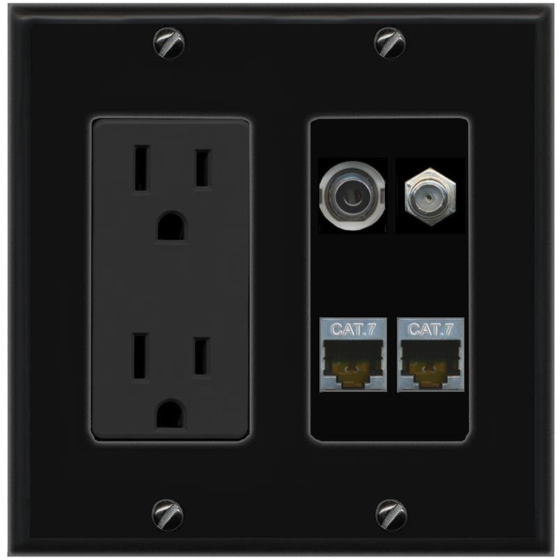 RiteAV 3.5mm 2 CAT7 COAX Wall Plate with 15A Power Outlet [Black]