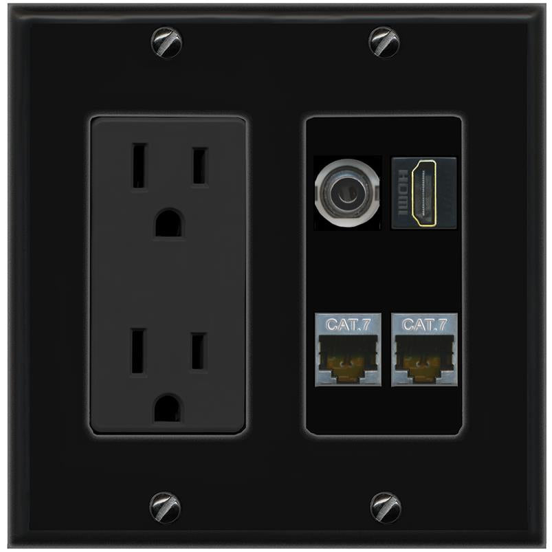 RiteAV 3.5mm 2 CAT7 HDMI Wall Plate with 15A Power Outlet [Black]