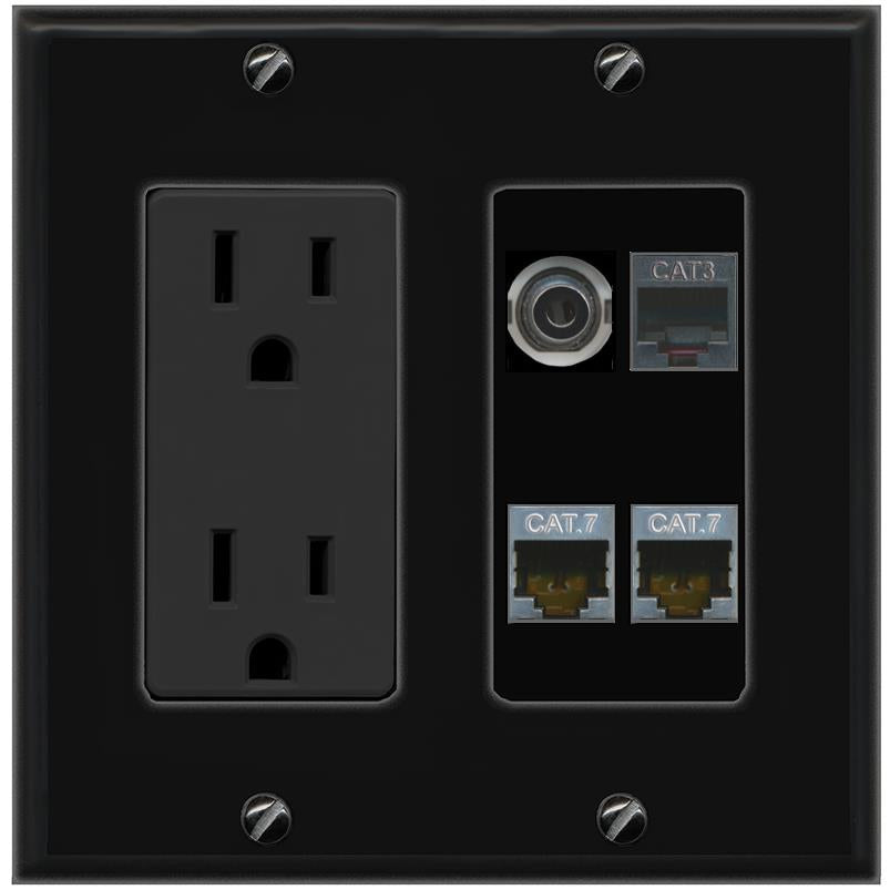 RiteAV 3.5mm 2 CAT7 PHONE Wall Plate with 15A Power Outlet [Black]