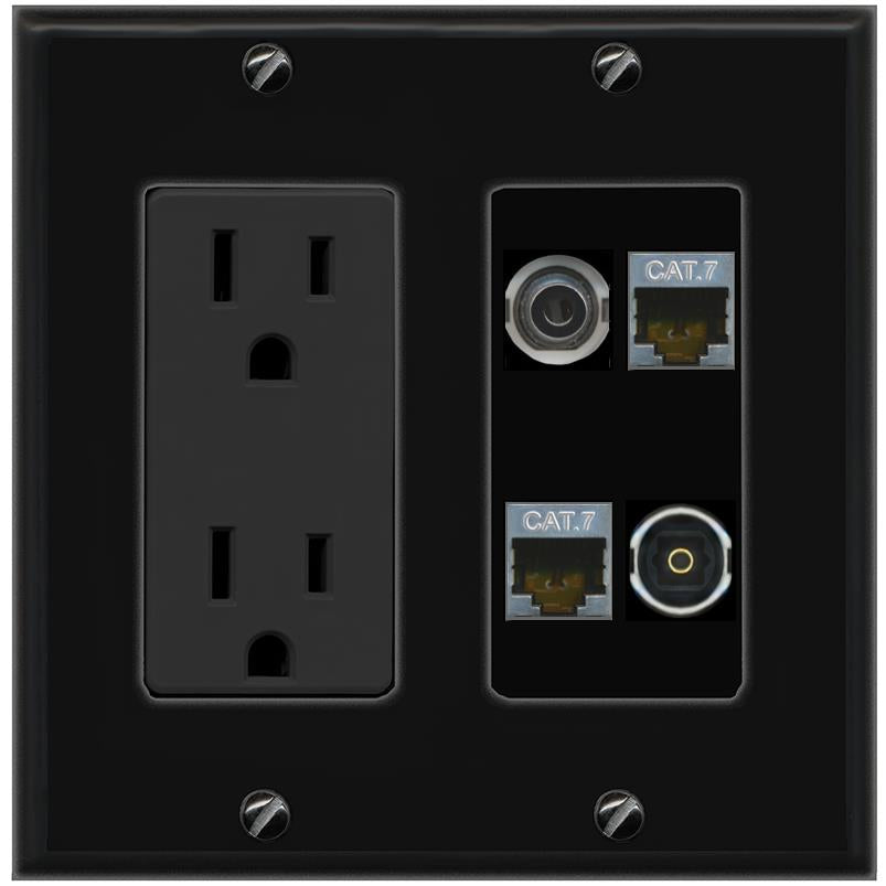 RiteAV 3.5mm 2 CAT7 TOSLINK Wall Plate with 15A Power Outlet [Black]