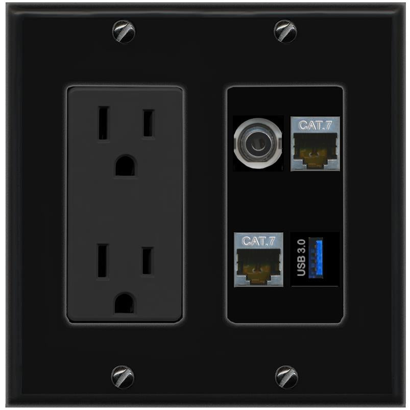 RiteAV 3.5mm 2 CAT7 USB-3 Wall Plate with 15A Power Outlet [Black]