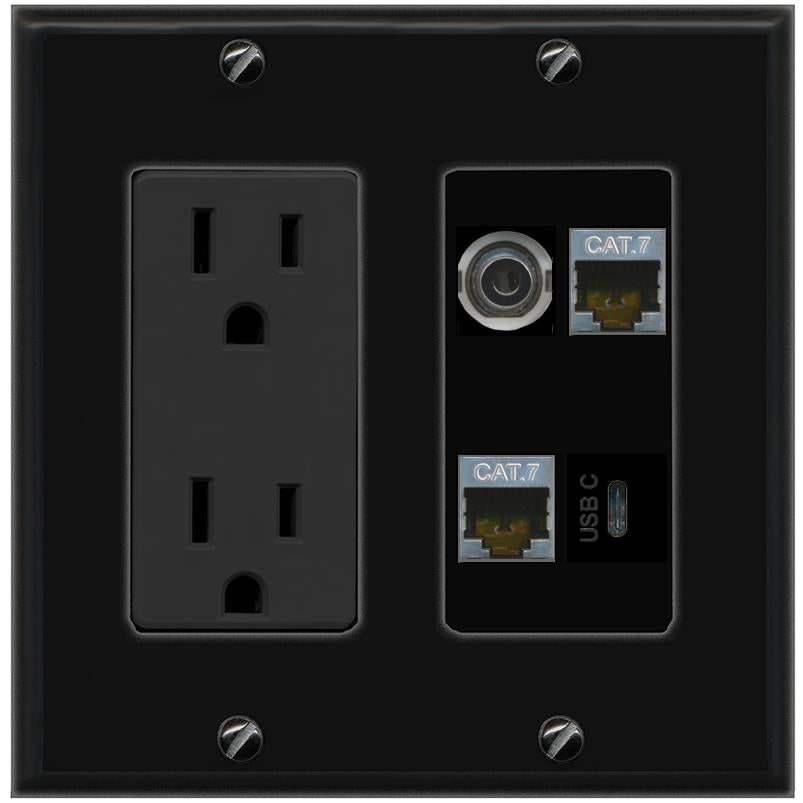 RiteAV 3.5mm 2 CAT7 USBC Wall Plate with 15A Power Outlet [Black]