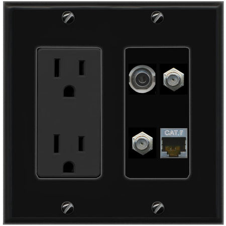 RiteAV 3.5mm CAT7 2 COAX Wall Plate with 15A Power Outlet [Black]