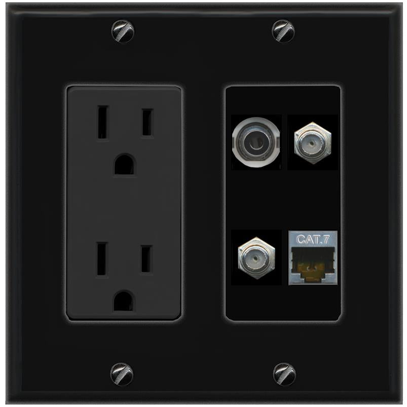 RiteAV 3.5mm CAT7 2 COAX Wall Plate with 15A Power Outlet [Black]