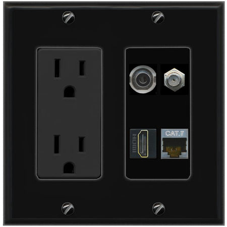 RiteAV 3.5mm CAT7 COAX HDMI Wall Plate with 15A Power Outlet [Black]