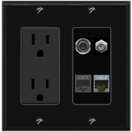 RiteAV 3.5mm CAT7 COAX PHONE Wall Plate with 15A Power Outlet [Black]