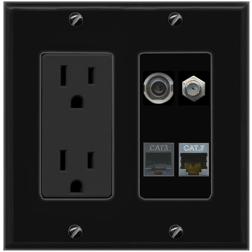 RiteAV 3.5mm CAT7 COAX PHONE Wall Plate with 15A Power Outlet [Black]