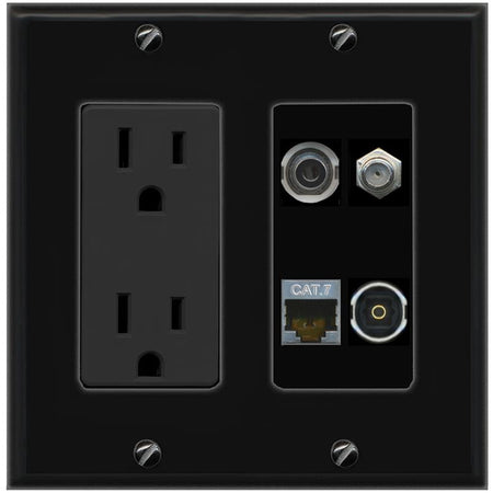 RiteAV 3.5mm CAT7 COAX TOSLINK Wall Plate with 15A Power Outlet [Black]