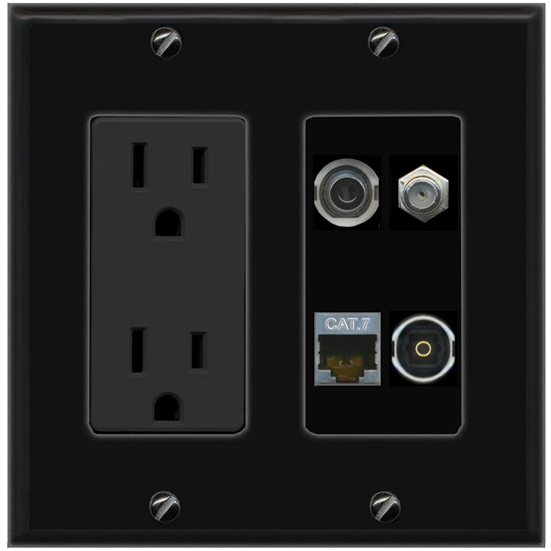 RiteAV 3.5mm CAT7 COAX TOSLINK Wall Plate with 15A Power Outlet [Black]