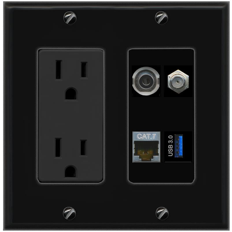 RiteAV 3.5mm CAT7 COAX USB-3 Wall Plate with 15A Power Outlet [Black]