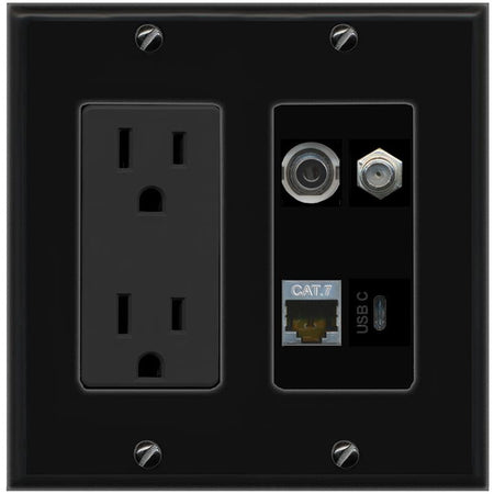 RiteAV 3.5mm CAT7 COAX USBC Wall Plate with 15A Power Outlet [Black]