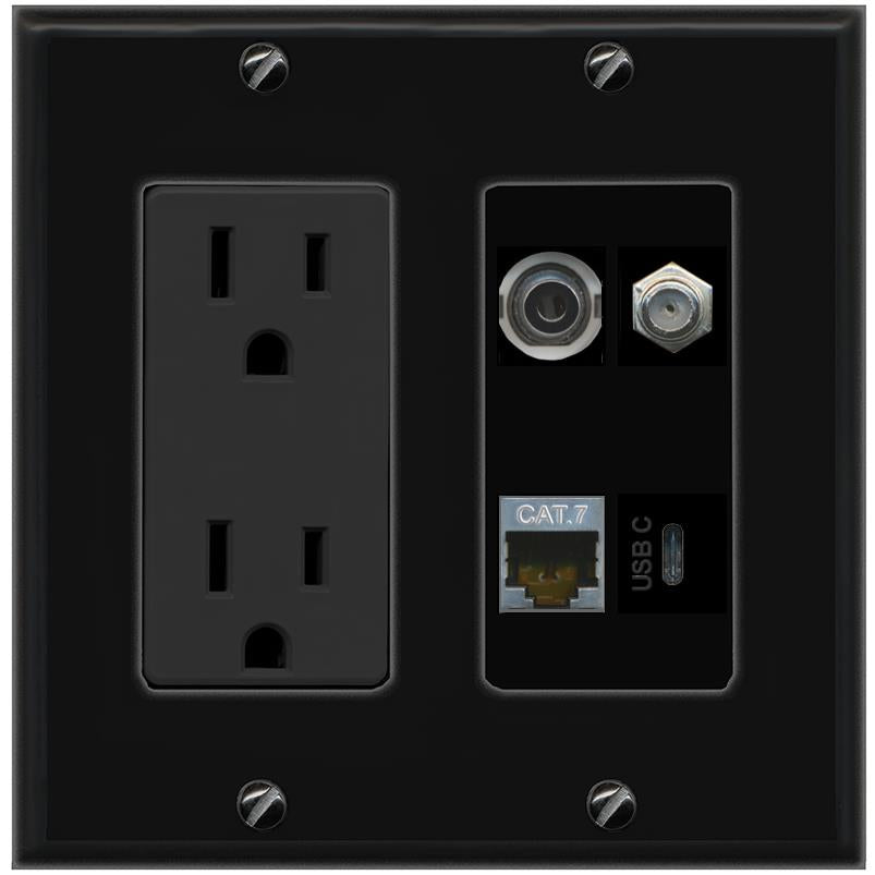 RiteAV 3.5mm CAT7 COAX USBC Wall Plate with 15A Power Outlet [Black]