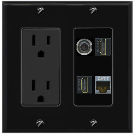 RiteAV 3.5mm CAT7 2 HDMI Wall Plate with 15A Power Outlet [Black]