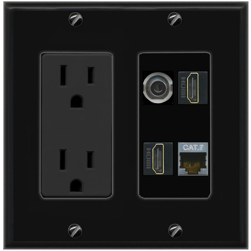 RiteAV 3.5mm CAT7 2 HDMI Wall Plate with 15A Power Outlet [Black]