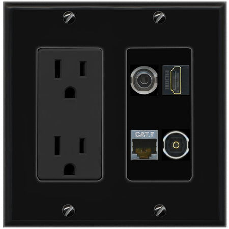 RiteAV 3.5mm CAT7 HDMI TOSLINK Wall Plate with 15A Power Outlet [Black]