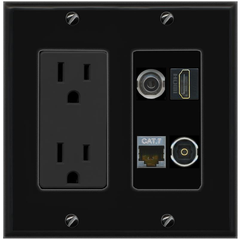 RiteAV 3.5mm CAT7 HDMI TOSLINK Wall Plate with 15A Power Outlet [Black]