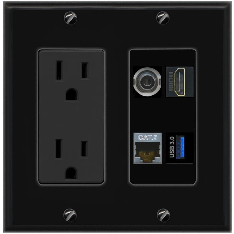 RiteAV 3.5mm CAT7 HDMI USB-3 Wall Plate with 15A Power Outlet [Black]