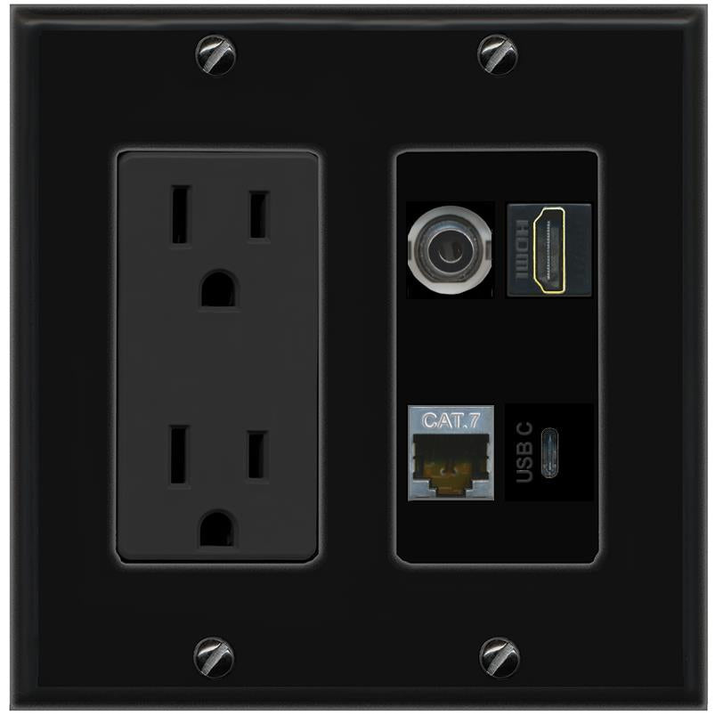 RiteAV 3.5mm CAT7 HDMI USBC Wall Plate with 15A Power Outlet [Black]