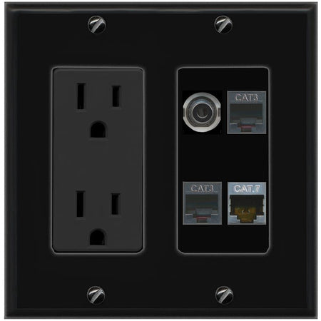 RiteAV 3.5mm CAT7 2 PHONE Wall Plate with 15A Power Outlet [Black]