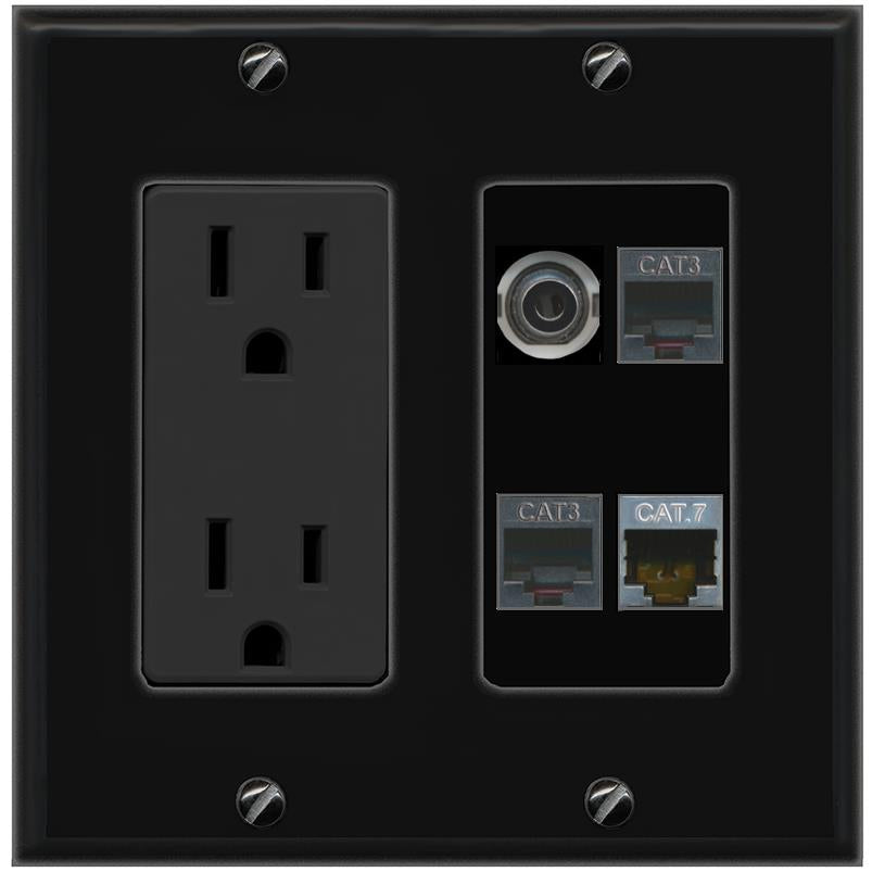 RiteAV 3.5mm CAT7 2 PHONE Wall Plate with 15A Power Outlet [Black]