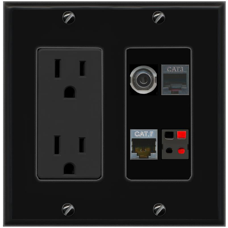 RiteAV 3.5mm CAT7 PHONE SPEAKER Wall Plate with 15A Power Outlet [Black]
