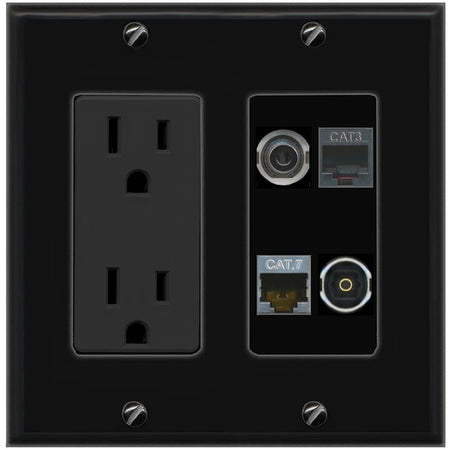 RiteAV 3.5mm CAT7 PHONE TOSLINK Wall Plate with 15A Power Outlet [Black]