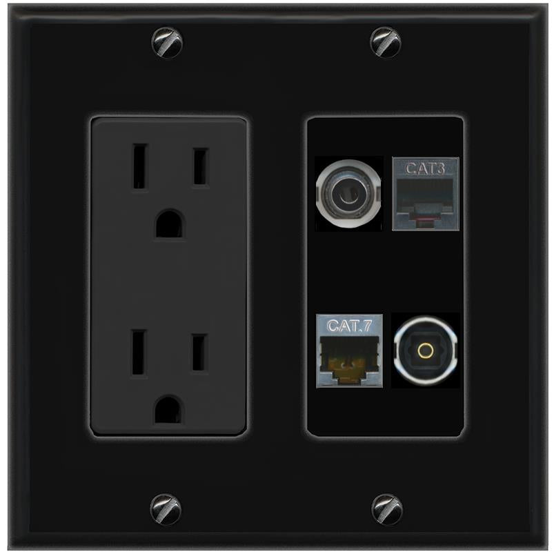 RiteAV 3.5mm CAT7 PHONE TOSLINK Wall Plate with 15A Power Outlet [Black]