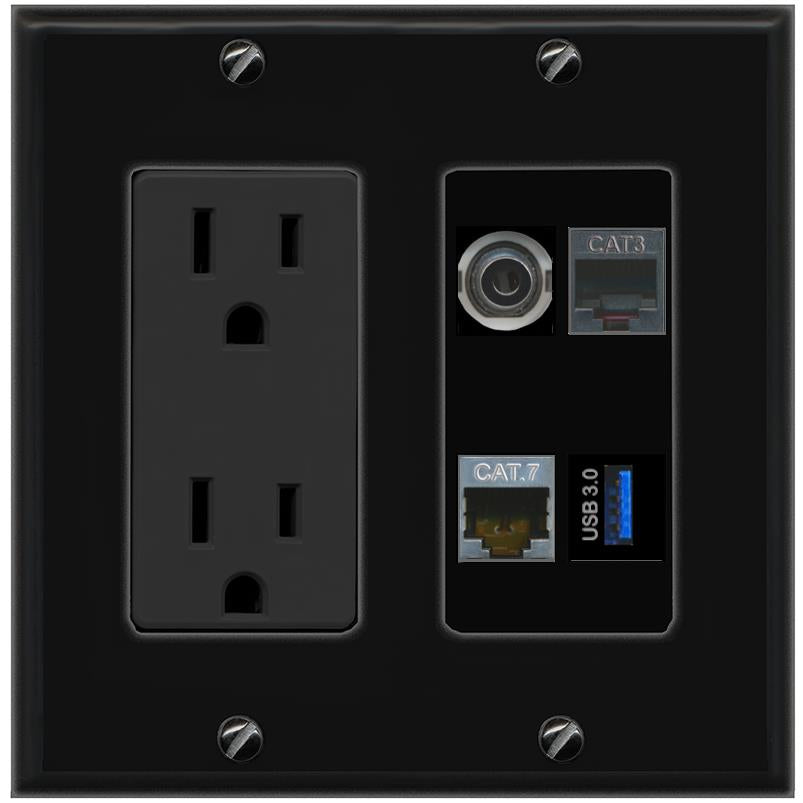 RiteAV 3.5mm CAT7 PHONE USB-3 Wall Plate with 15A Power Outlet [Black]