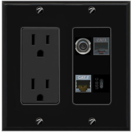 RiteAV 3.5mm CAT7 PHONE USBC Wall Plate with 15A Power Outlet [Black]