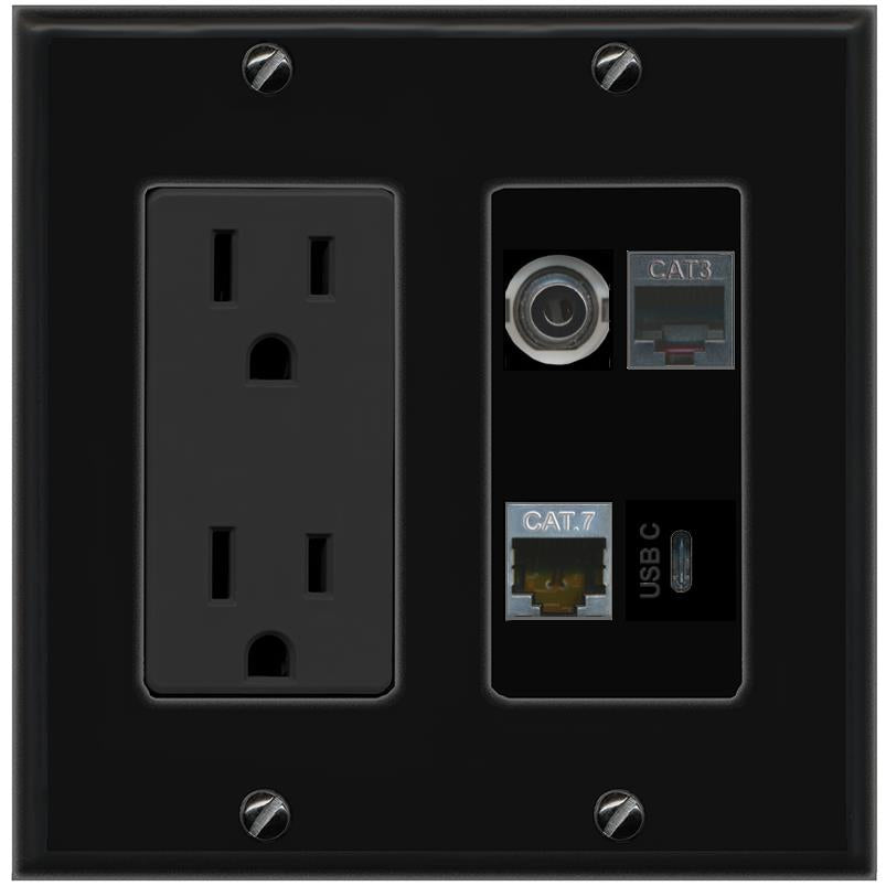 RiteAV 3.5mm CAT7 PHONE USBC Wall Plate with 15A Power Outlet [Black]