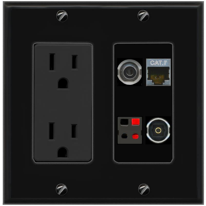 RiteAV 3.5mm CAT7 SPEAKER TOSLINK Wall Plate with 15A Power Outlet [Black]