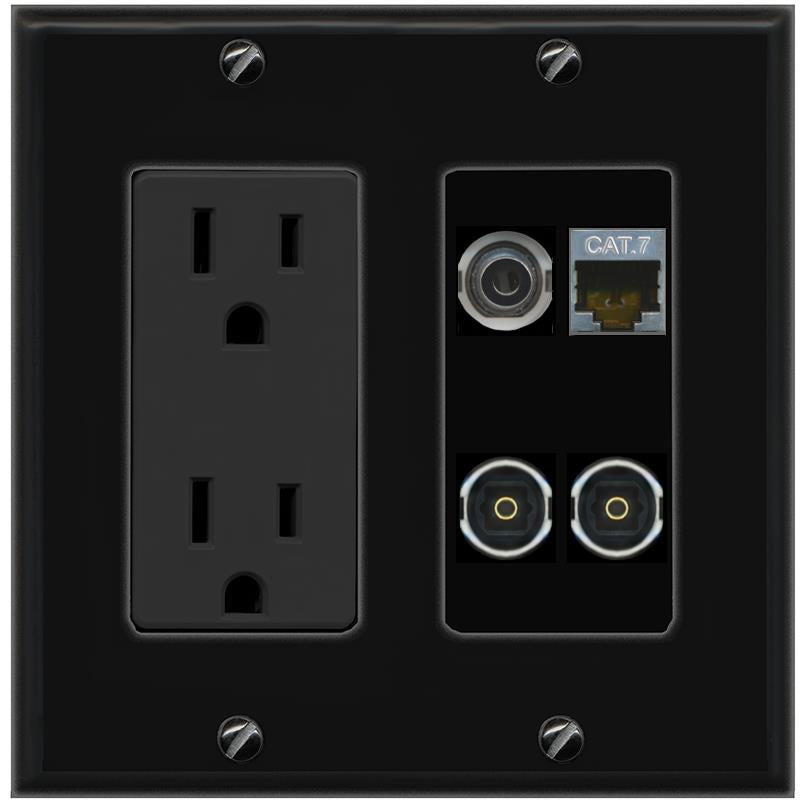 RiteAV 3.5mm CAT7 2 TOSLINK Wall Plate with 15A Power Outlet [Black]