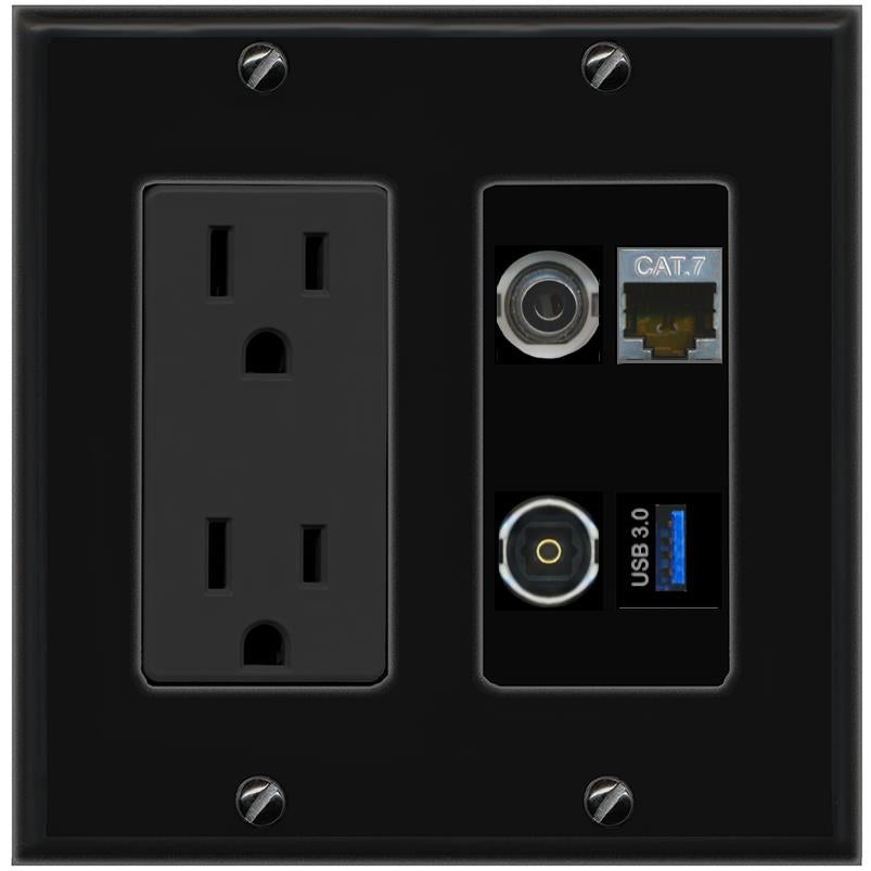 RiteAV 3.5mm CAT7 TOSLINK USB-3 Wall Plate with 15A Power Outlet [Black]