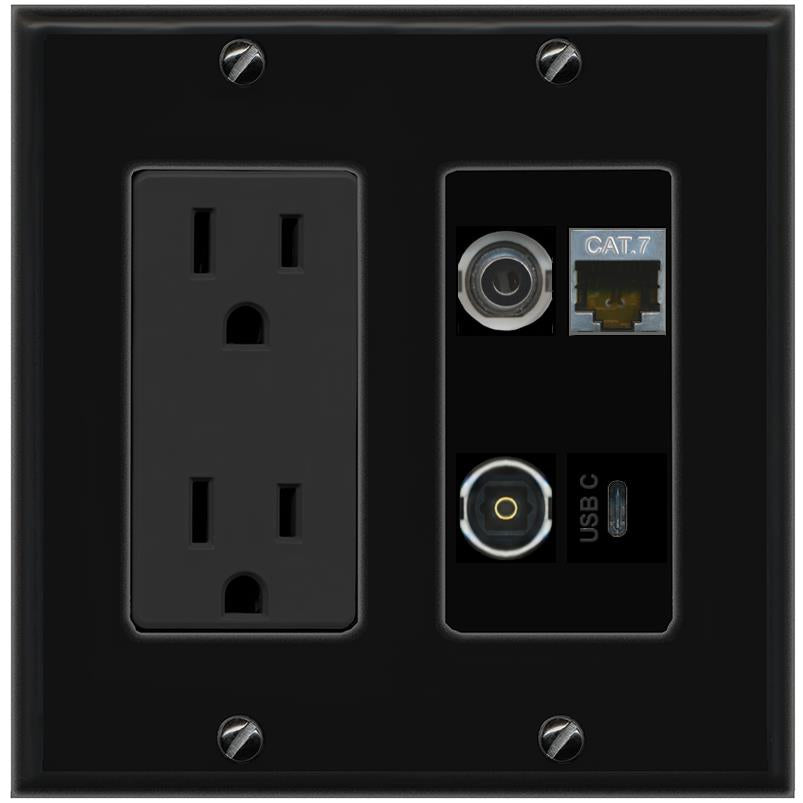 RiteAV 3.5mm CAT7 TOSLINK USBC Wall Plate with 15A Power Outlet [Black]
