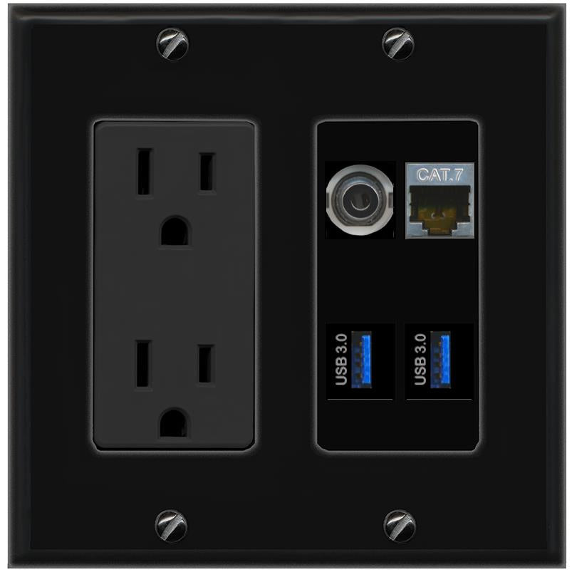RiteAV 3.5mm CAT7 2 USB-3 Wall Plate with 15A Power Outlet [Black]