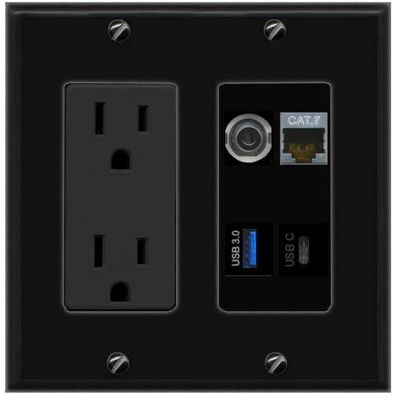 RiteAV 3.5mm CAT7 USB-3 USBC Wall Plate with 15A Power Outlet [Black]