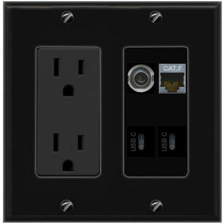 RiteAV 3.5mm CAT7 2 USBC Wall Plate with 15A Power Outlet [Black]