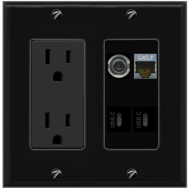 RiteAV 3.5mm CAT7 2 USBC Wall Plate with 15A Power Outlet [Black]