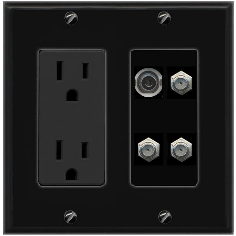 RiteAV 3.5mm 3 COAX Wall Plate with 15A Power Outlet [Black]