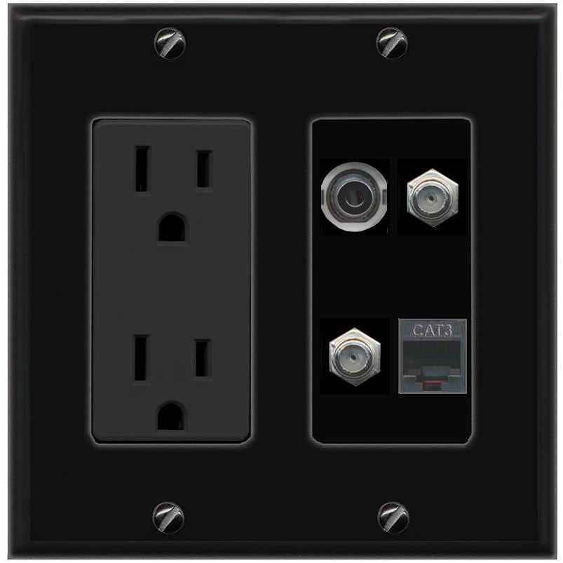 RiteAV 3.5mm 2 COAX PHONE Wall Plate with 15A Power Outlet [Black]