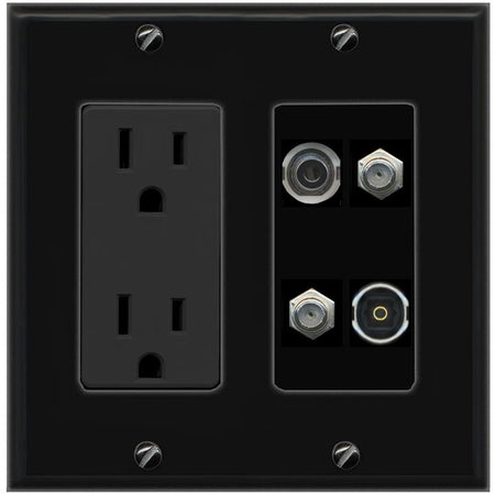 RiteAV 3.5mm 2 COAX TOSLINK Wall Plate with 15A Power Outlet [Black]