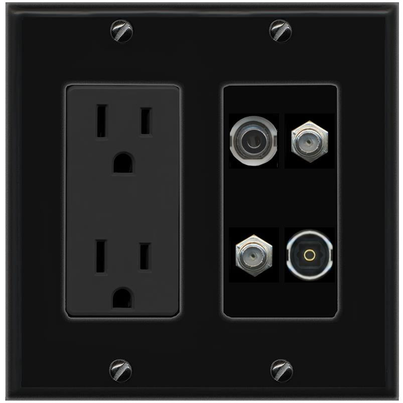 RiteAV 3.5mm 2 COAX TOSLINK Wall Plate with 15A Power Outlet [Black]