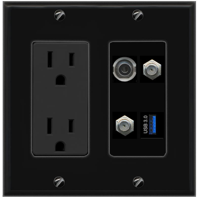RiteAV 3.5mm 2 COAX USB-3 Wall Plate with 15A Power Outlet [Black]