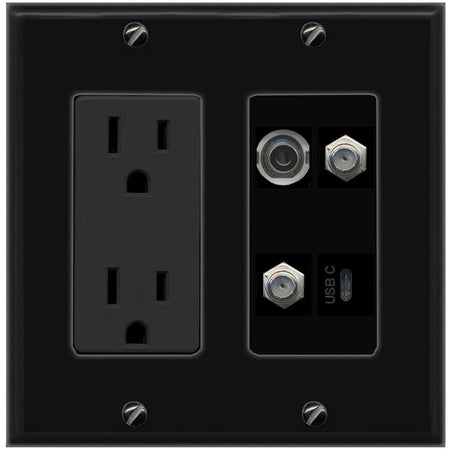 RiteAV 3.5mm 2 COAX USBC Wall Plate with 15A Power Outlet [Black]