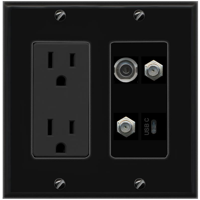 RiteAV 3.5mm 2 COAX USBC Wall Plate with 15A Power Outlet [Black]