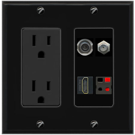 RiteAV 3.5mm COAX HDMI SPEAKER Wall Plate with 15A Power Outlet [Black]
