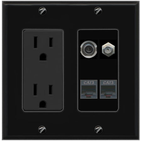 RiteAV 3.5mm COAX 2 PHONE Wall Plate with 15A Power Outlet [Black]