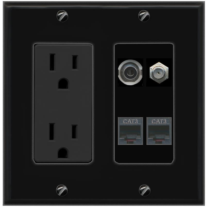 RiteAV 3.5mm COAX 2 PHONE Wall Plate with 15A Power Outlet [Black]