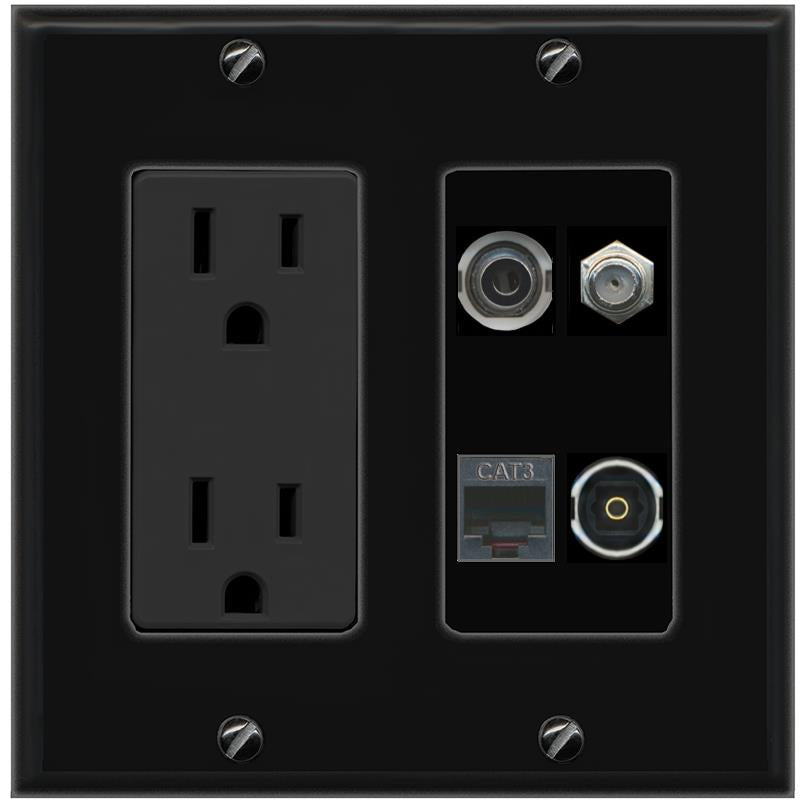 RiteAV 3.5mm COAX PHONE TOSLINK Wall Plate with 15A Power Outlet [Black]